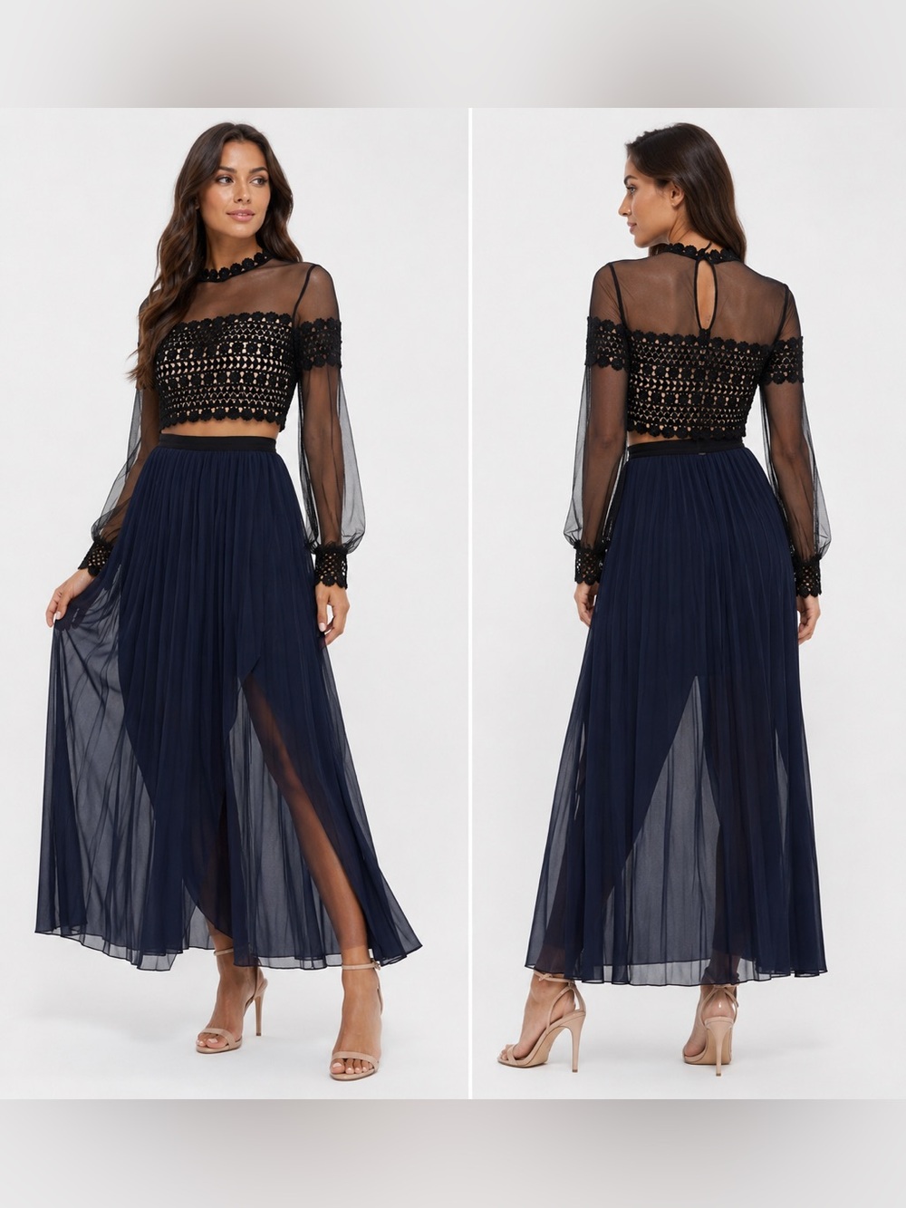 Endless Rose Sheer Lace Bodice Navy Pleated Maxi Dress